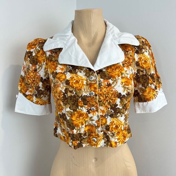 VTG Handmade Women Small Brown White Floral Collared Babydoll Cropped Top Blouse - Picture 1 of 14